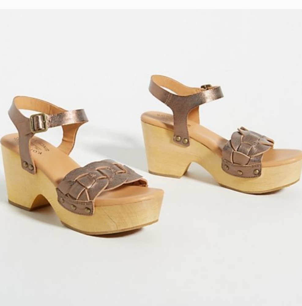 Anthropologie‎ Kork-Ease Walda Clog Metallic Bronze Wooden Heels 70s Boho